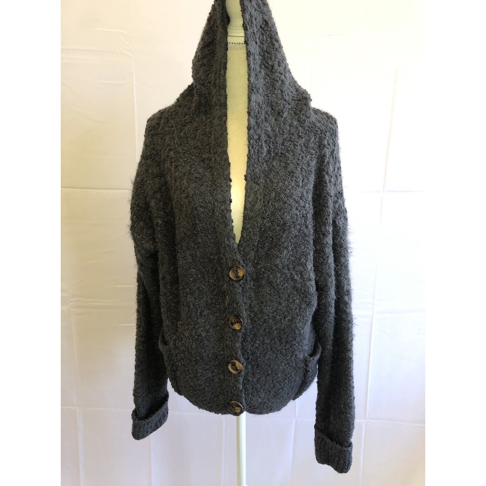 Pol cardigan women's small oversized boho gray long sleeved hood pockets buttons